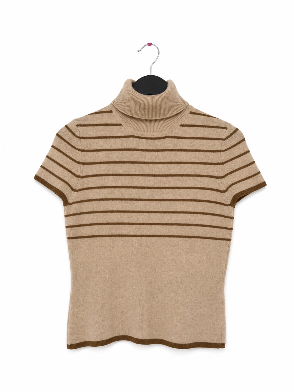 Tse Stripe Short Sleeve Cashmere Turtleneck Sweater Neutral Tan Brown Small